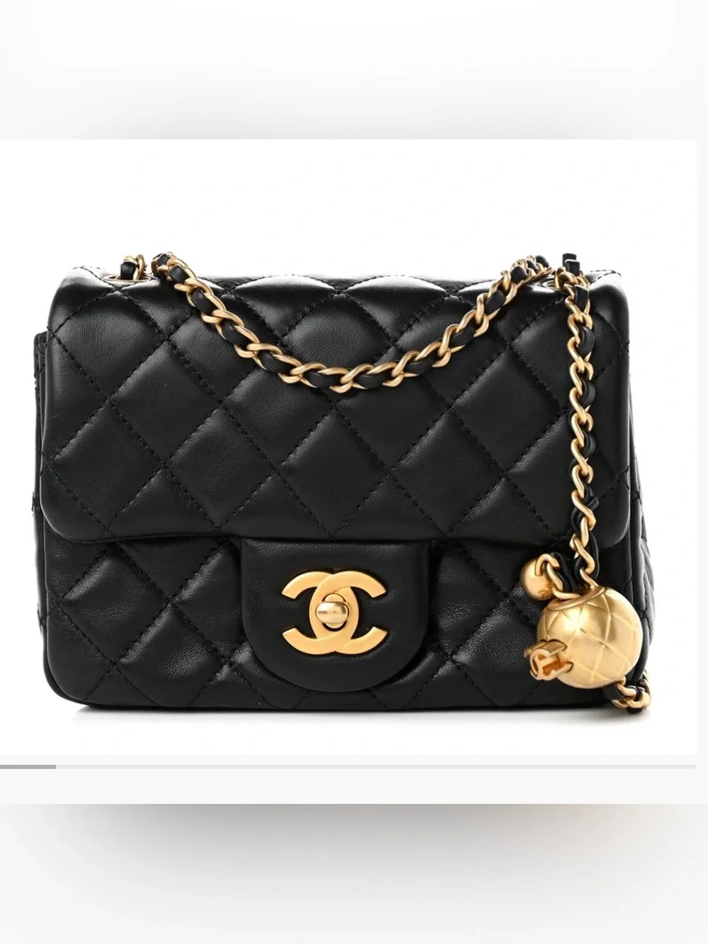Chanel Black Quilted Lamb Ski  Mini Pearl Crush Flap Bag with Gold Chain